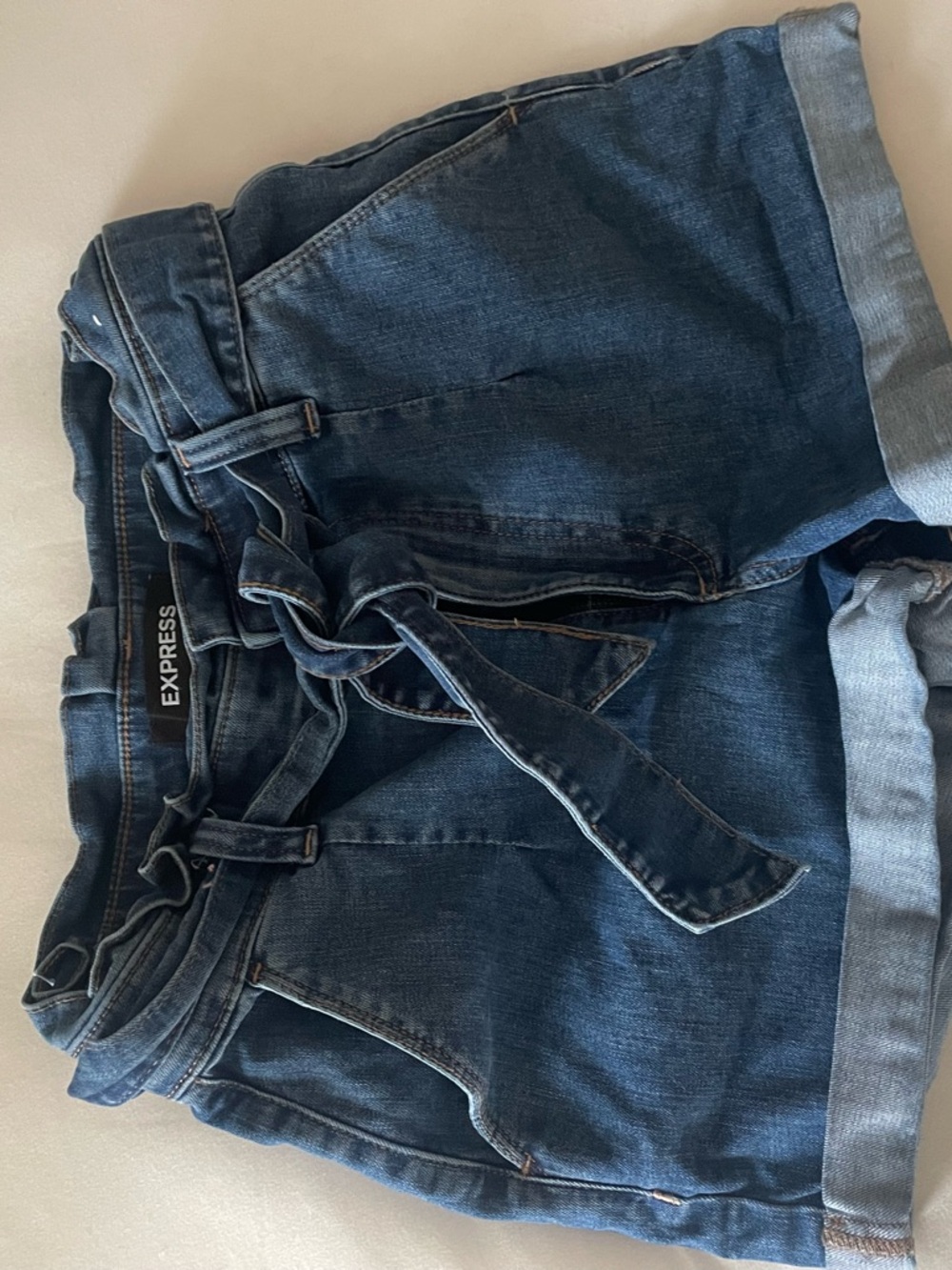 Express Blue Paperbag Waist Denim Short with Tie